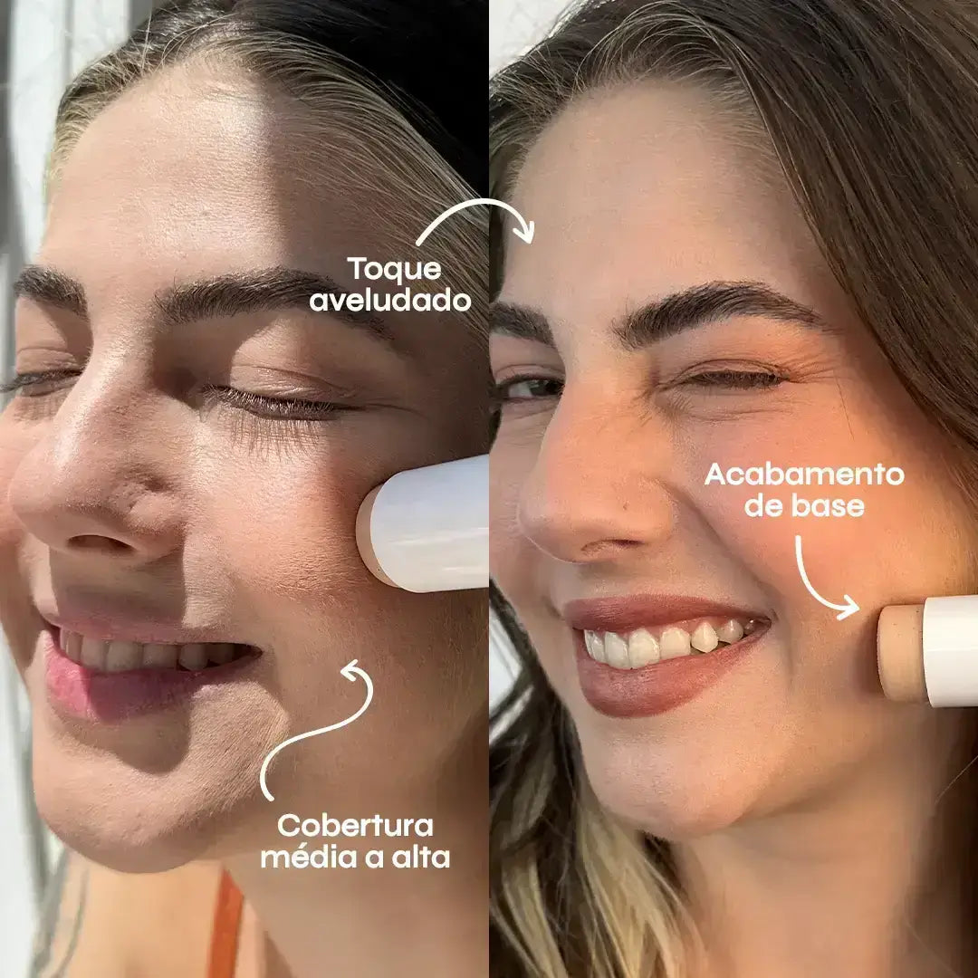 Foto de modelo aplicando o bastão com cor na pele, o produto possui cobertura média a alta, acabamento de base e toque aveludado. 